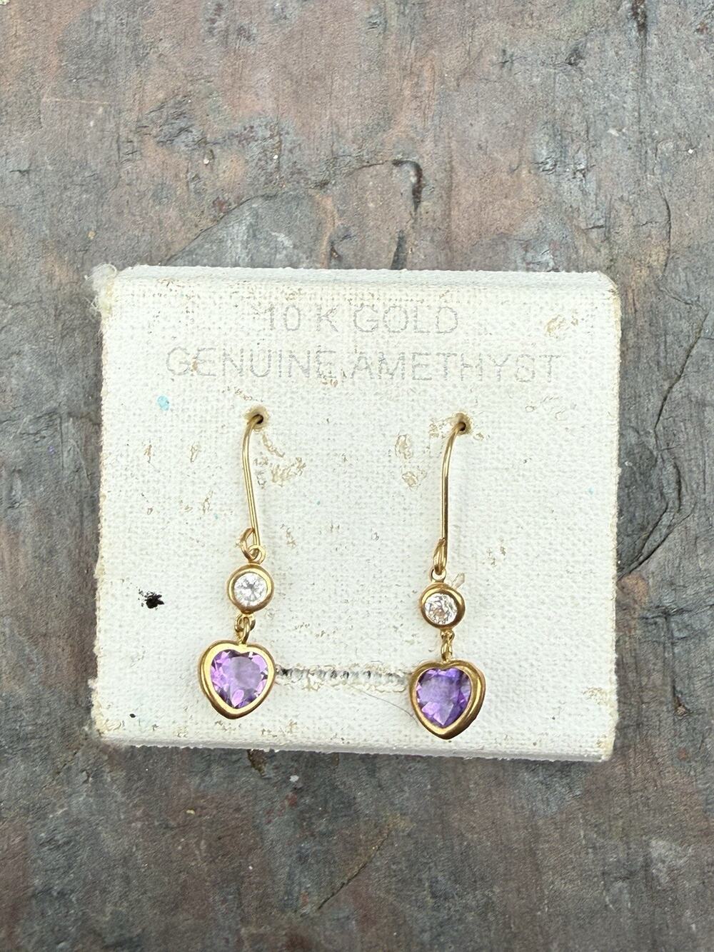 Vintage 10K Yellow Gold Genuine Amethyst & Diamond Heart Drop Dangle Earrings